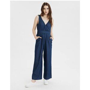 American Eagle Women's Small Jumpsuit Denim Jean Wide Leg Stretch V-neck